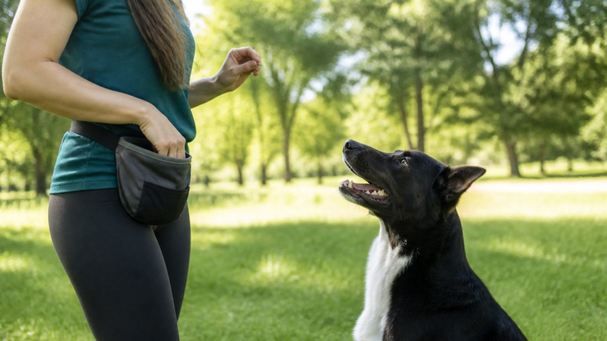 Dog owner in outdoor park holding a treat pouch, focused dog sitting attentively waiting for reward, natural daylight