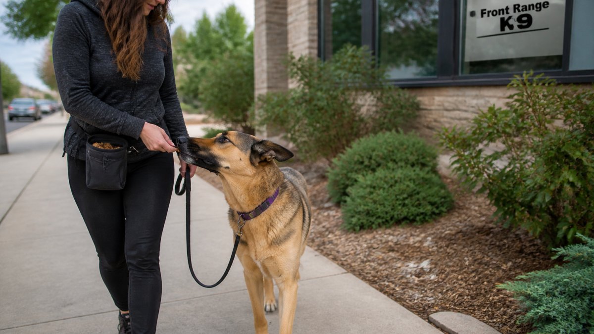 A dog walking calmly on a sidewalk beside its owner, who is holding a small treat pouch and offering a bite-sized treat