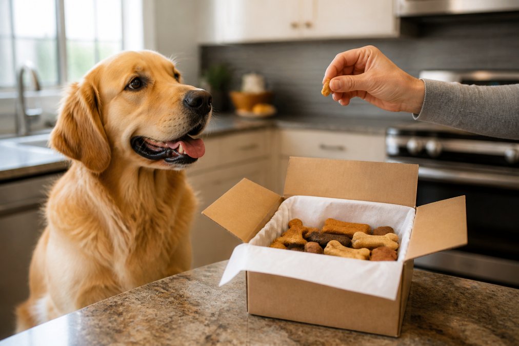 A happy golden retriever sitting attentively next to an open box of premium dog treats on a kitchen counter, with a person's hand offering a treat, warm natural lighting