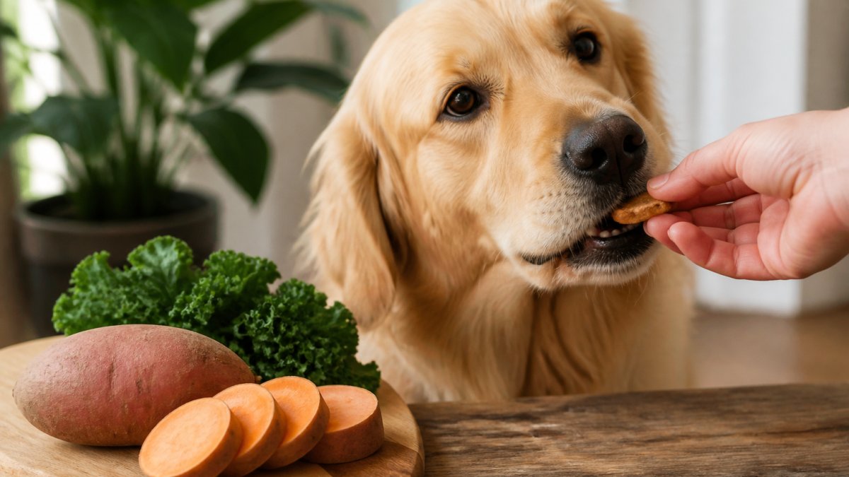 Close-up of a golden retriever happily eating an organic treat from a hand, with fresh sweet potato and kale visible on a wooden surface nearby