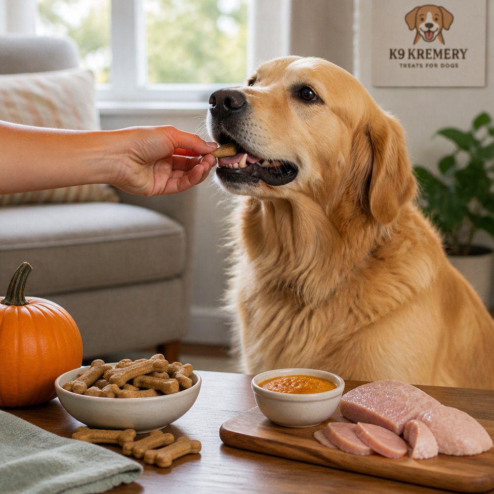 A golden retriever happily eating a dog treat from an owner's hand in a bright home setting, with packages of pumpkin and turkey-based treats displayed on a table nearby