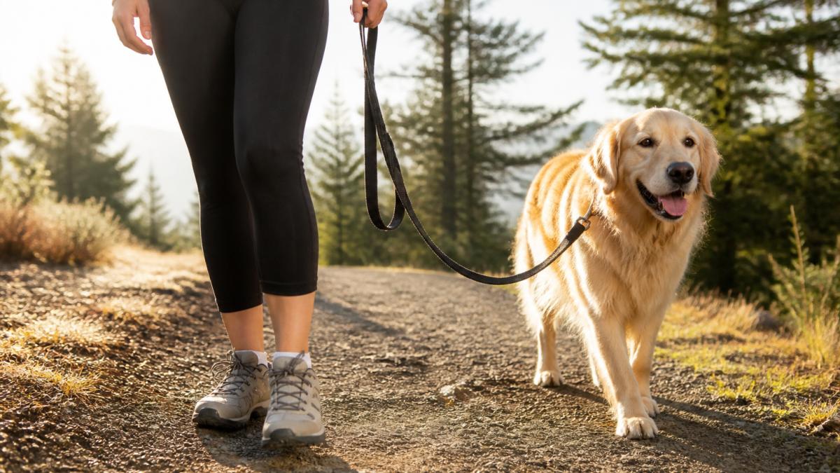 Woman in comfortable dog walking shoes standing outdoors with a dog on a leash, showing proper footwear in a natural walking environment with morning sunlight