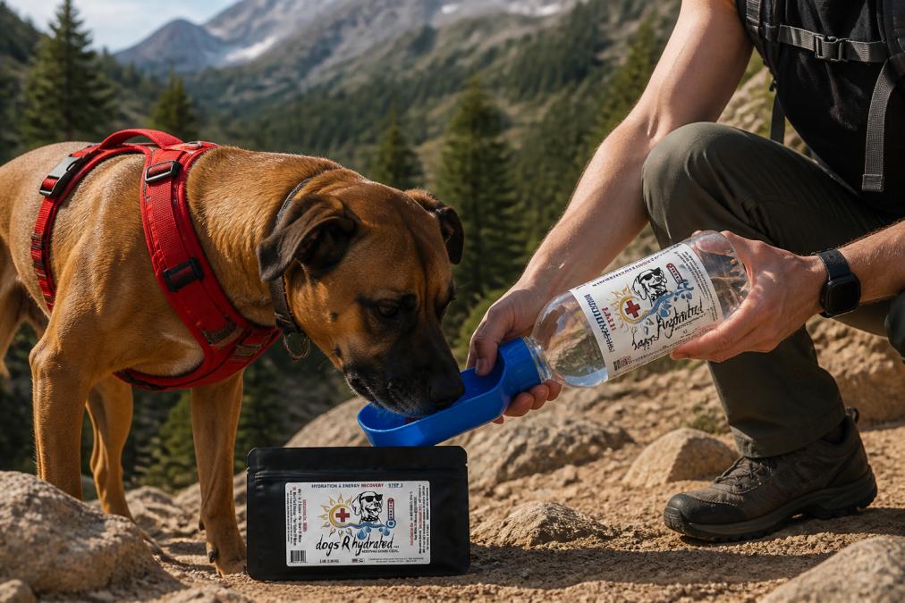 Active dog drinking from a portable water bottle held by handler during mountain trail hike, with rocky terrain and pine forest in background, golden afternoon light