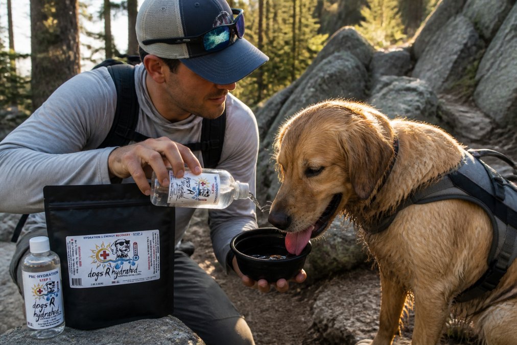 Handler offering water and electrolyte supplement to tired dog after strenuous mountain hiking session, both showing signs of exertion, late afternoon light filtering through trees