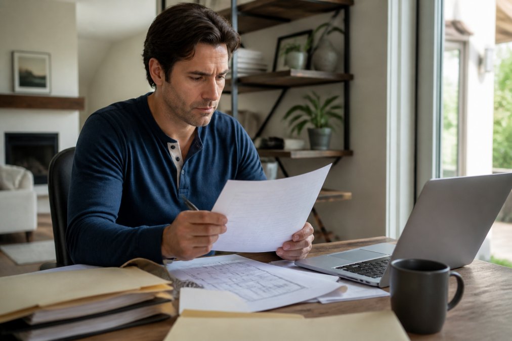 Real estate investor reviewing loan documents and property blueprints at a desk with a laptop, multiple folders, and coffee in a modern home office