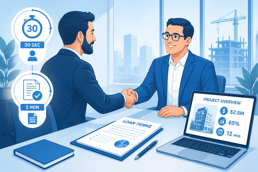 Professional real estate developer and mortgage broker shaking hands in a modern office setting with large windows, loan documents on the desk, and a laptop showing project details