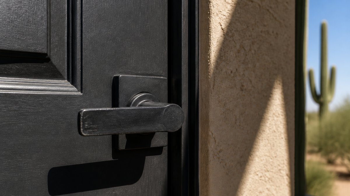 Close-up of a sun-weathered exterior front door handle in a desert home entryway, showing a matte black lever set against a stucco wall with bright midday sunlight and a shadow cast across the door