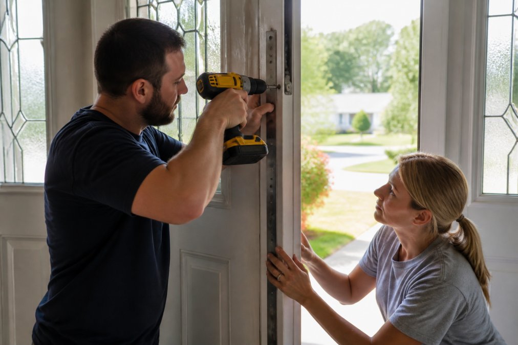 Homeowner installing door armor reinforcement hardware on an exterior double door frame using a drill, with natural daylight streaming through windows