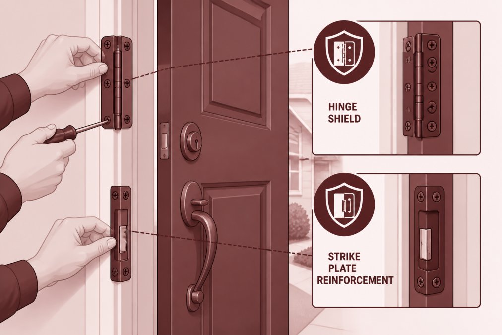 Close-up of a homeowner's hands installing a hinge shield and strike plate reinforcement on a residential front door frame, with the door partially open showing the jamb and frame