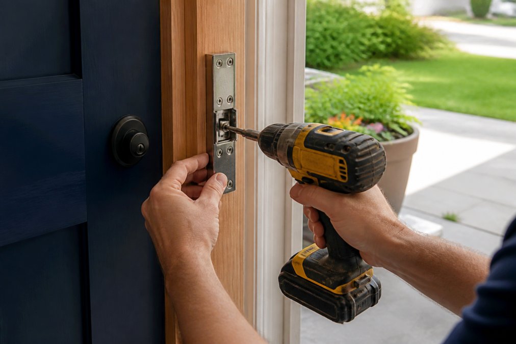 Homeowner's hands installing a strike plate reinforcement kit on a wooden door frame, using a drill with a metal reinforcement bracket visible against natural wood