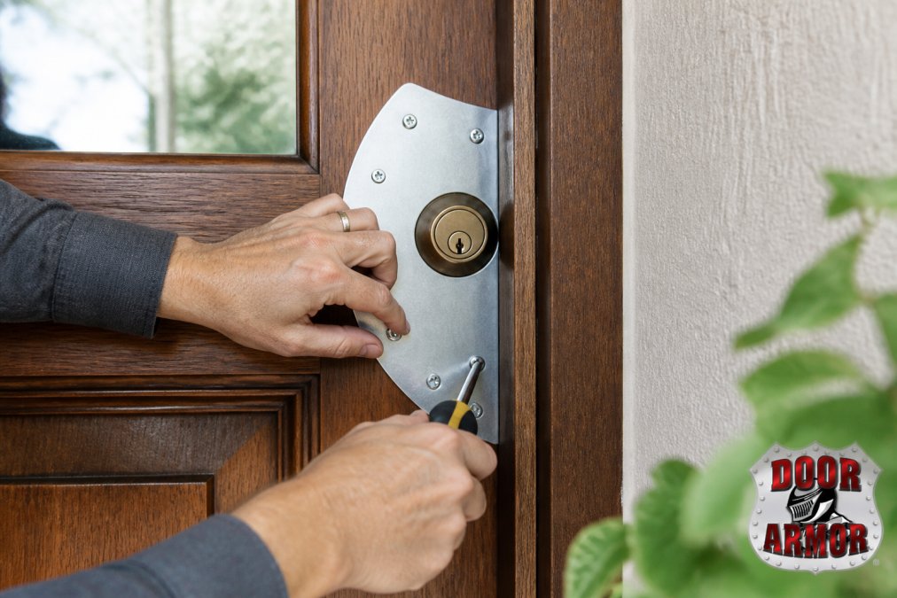 Homeowner's hands installing a galvanized steel door reinforcement kit on a wooden exterior door frame, showing the security shield being attached near the deadbolt