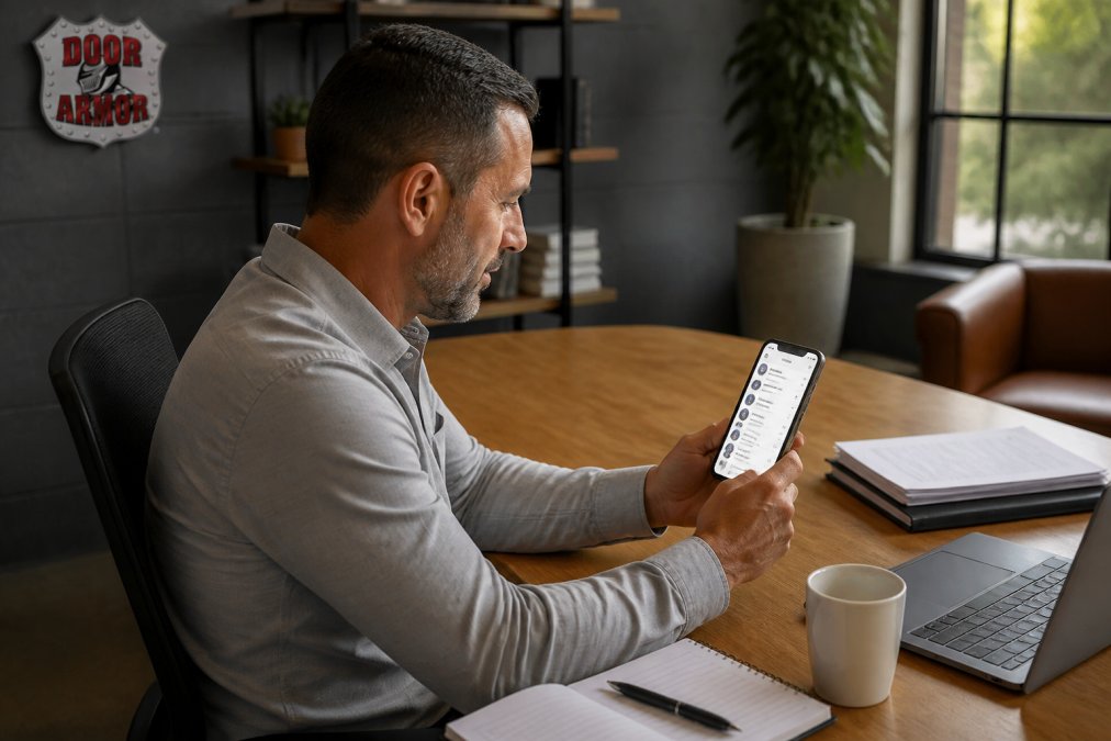 Property manager checking a smartphone displaying a smart lock interface with guest access codes, entry timestamps, and real-time unlock notifications in a modern office