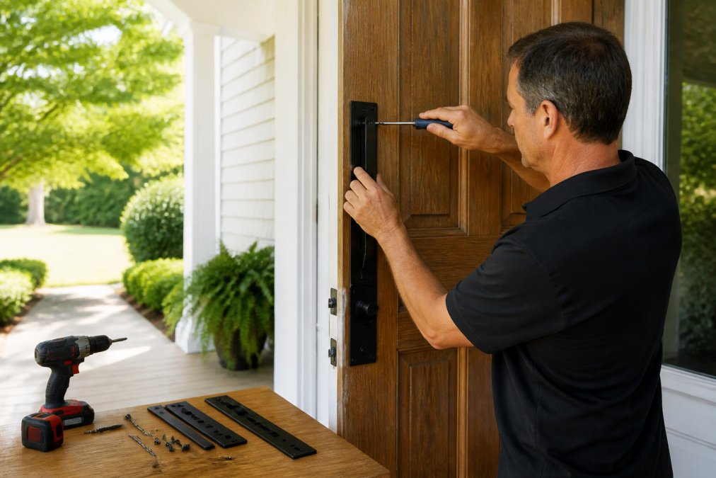 Homeowner installing a door security reinforcement component on a solid wood front door using a screwdriver, with a sunlit front porch and door frame visible in natural daylight