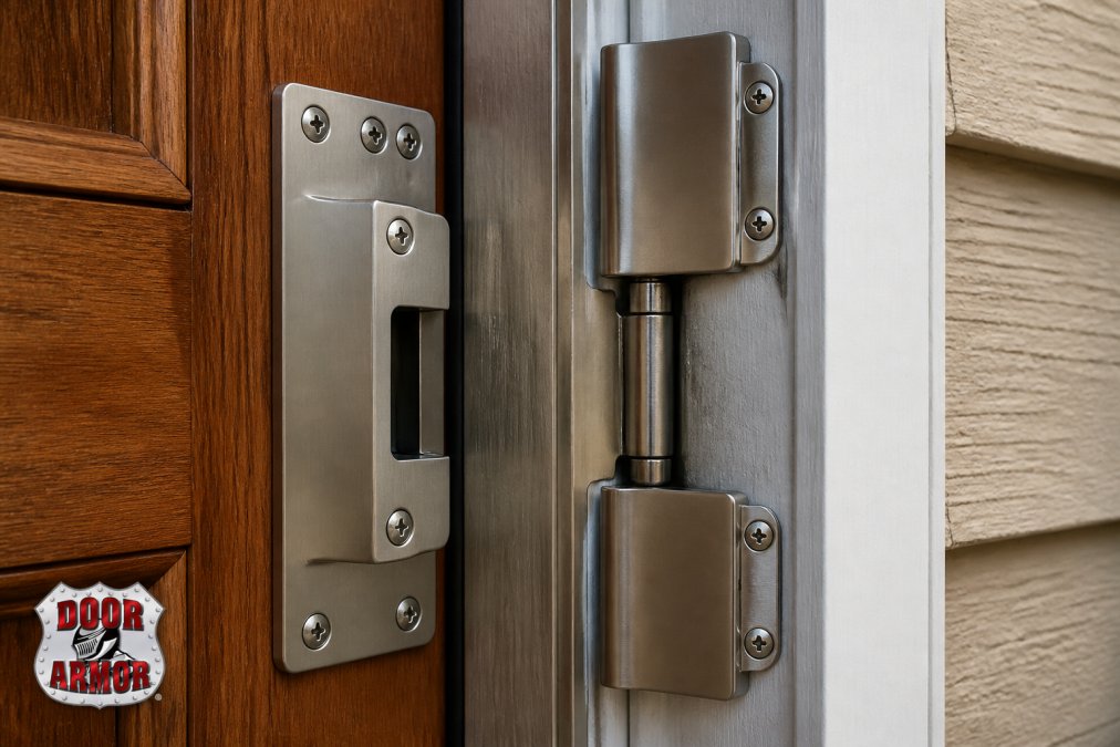 Close-up of galvanized steel strike plate reinforcement and hinge shields mounted on a wooden exterior door frame, showing the installed hardware in satin nickel finish
