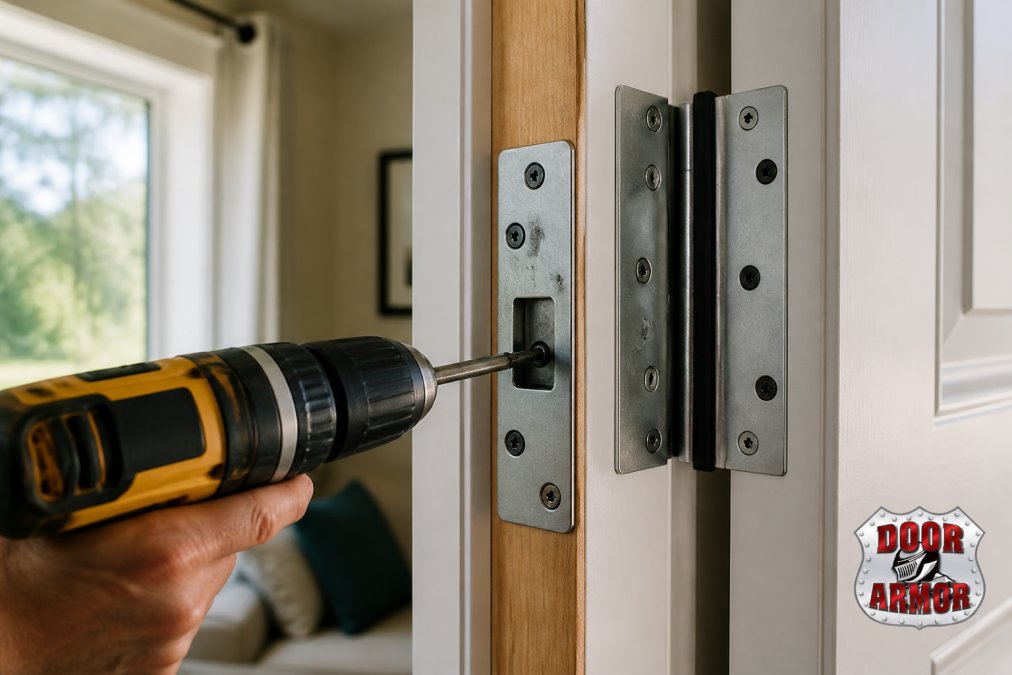 Homeowner's hands using a power drill to install mounting screws into a wooden door frame, with a reinforced strike plate and hinge shield visible, natural daylight from a window