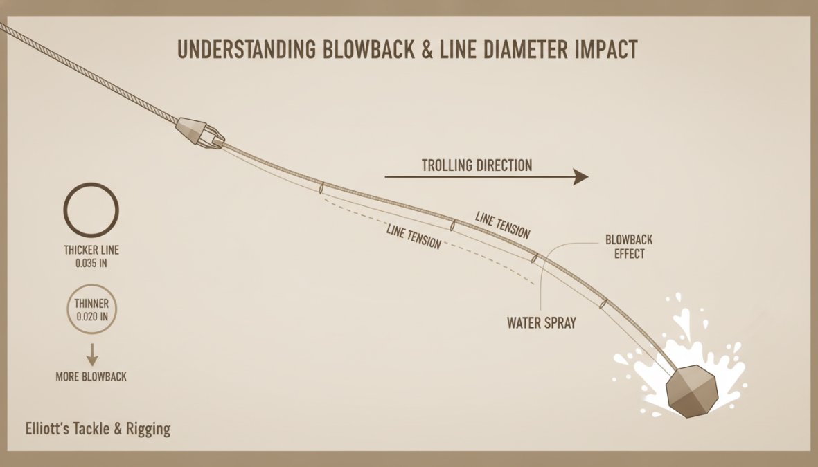 Close-up of downrigger cable showing tension and water spray during trolling, with visible line angle from boom to water surface, demonstrating blowback effect