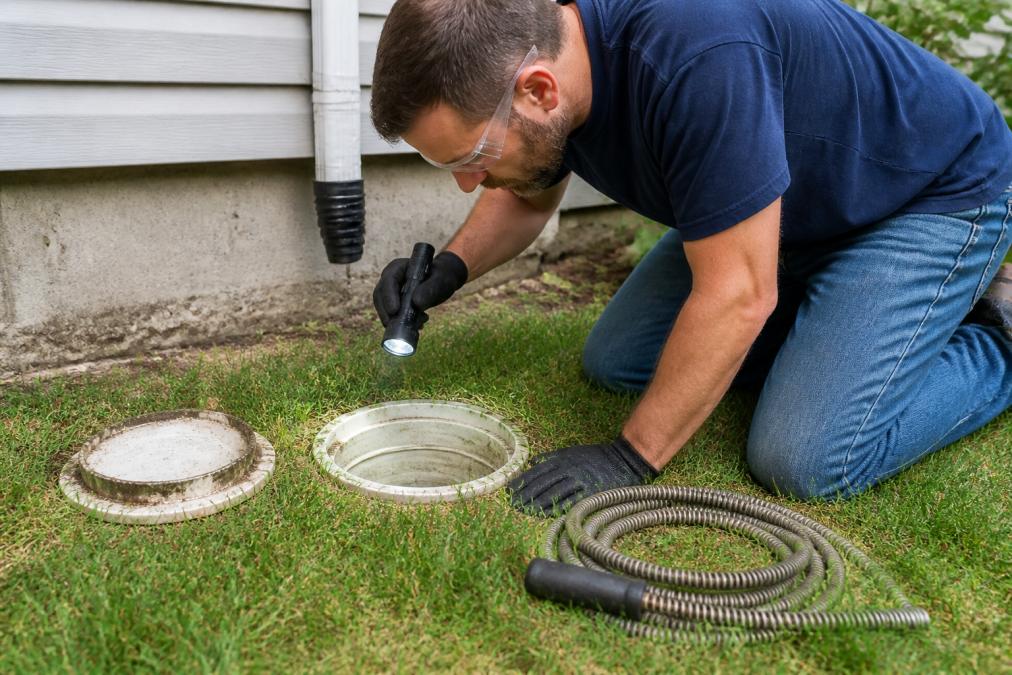 Homeowner using a flashlight to inspect an outdoor cleanout pipe as the best drain cleaning method for main line.