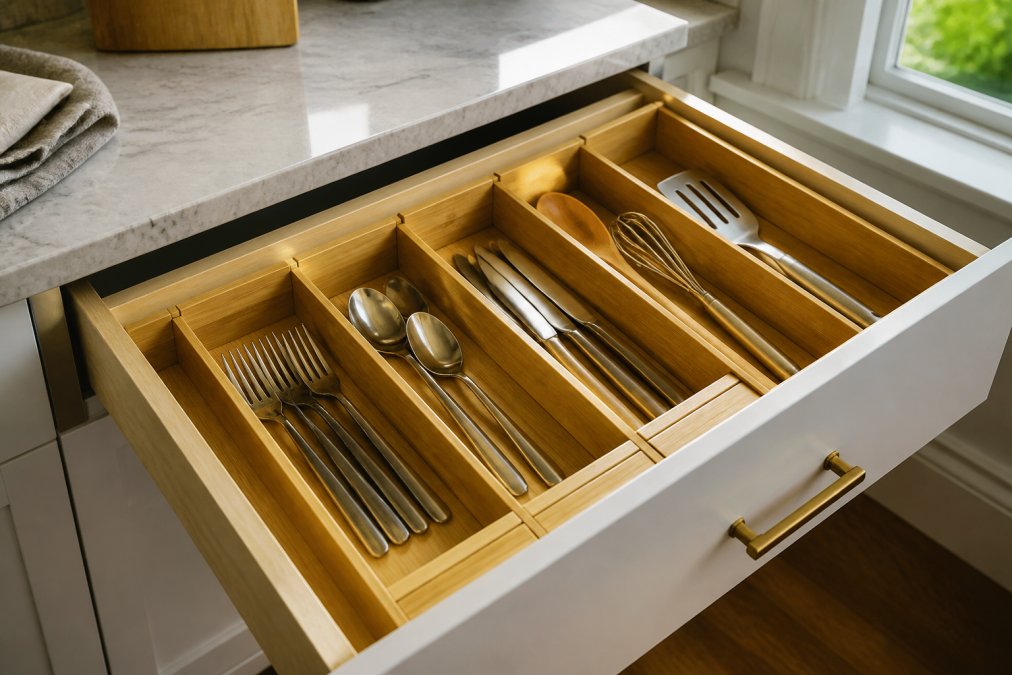 A close-up of an open kitchen drawer with a bamboo expandable drawer divider neatly holding flatware and utensils, natural light from a nearby window