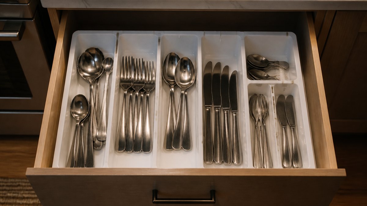 Overhead shot of an open kitchen drawer with an expandable white plastic organizer holding spoons, forks, and knives in tidy compartments, soft natural light, clean countertop edge visible