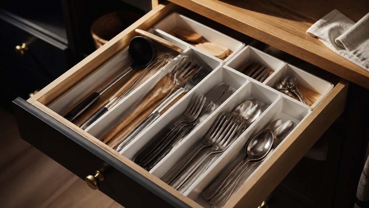 Close-up of a neatly organized small kitchen drawer with white expandable dividers separating utensils, cutlery, and kitchen tools in compartments with natural lighting