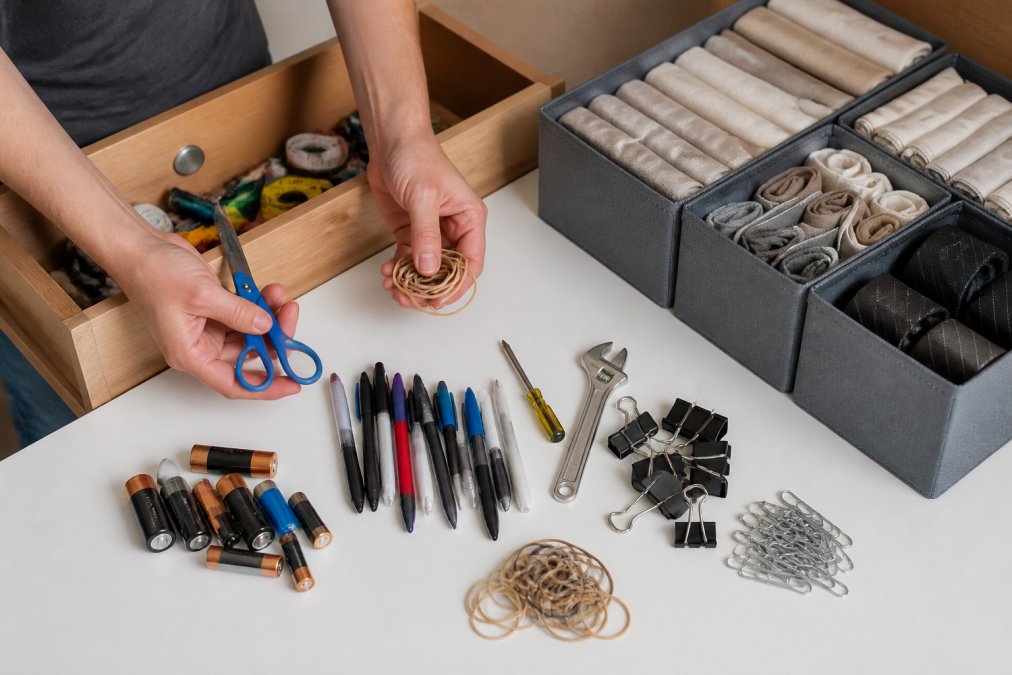 Hands sorting miscellaneous items from an open junk drawer onto a white surface, showing batteries, pens, rubber bands, and small tools being categorized into piles