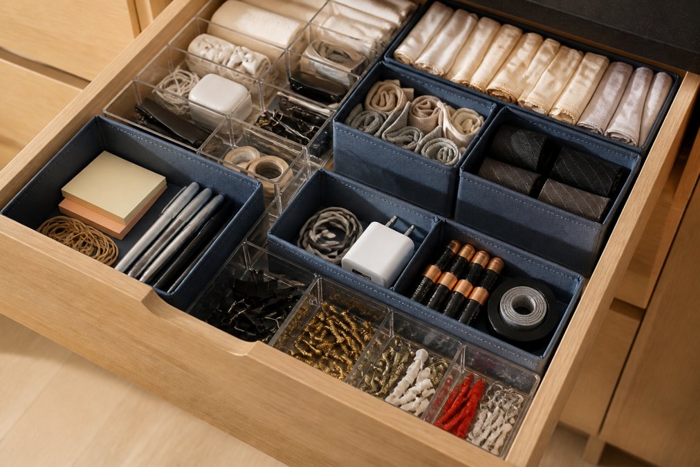 An organized drawer with acrylic compartments and fabric organizers neatly containing sorted items like office supplies, hardware, and small accessories with clear visual separation