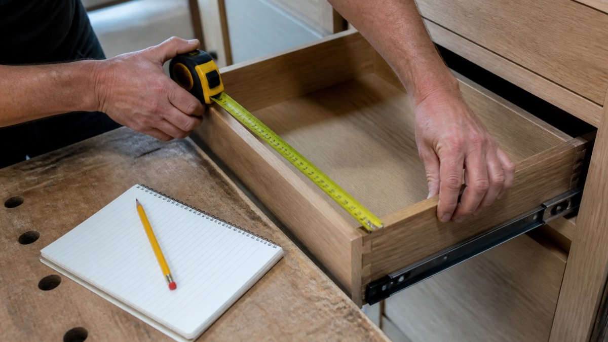 Close-up of a joiner's hands using a tape measure to measure the internal depth of a wooden kitchen drawer, with a pencil and notepad on the workbench beside the cabinet