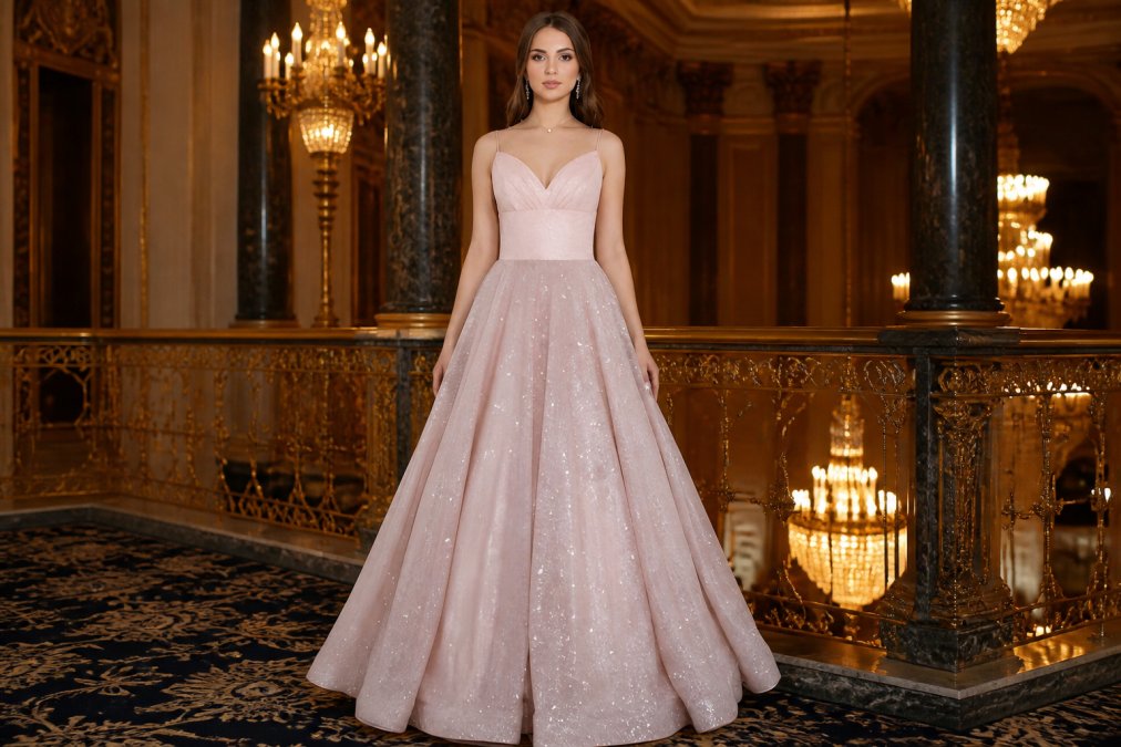 Woman in an elegant sequined gown with dramatic makeup and jewellery, standing in a sophisticated venue with soft lighting from chandeliers, exuding confidence and formal elegance