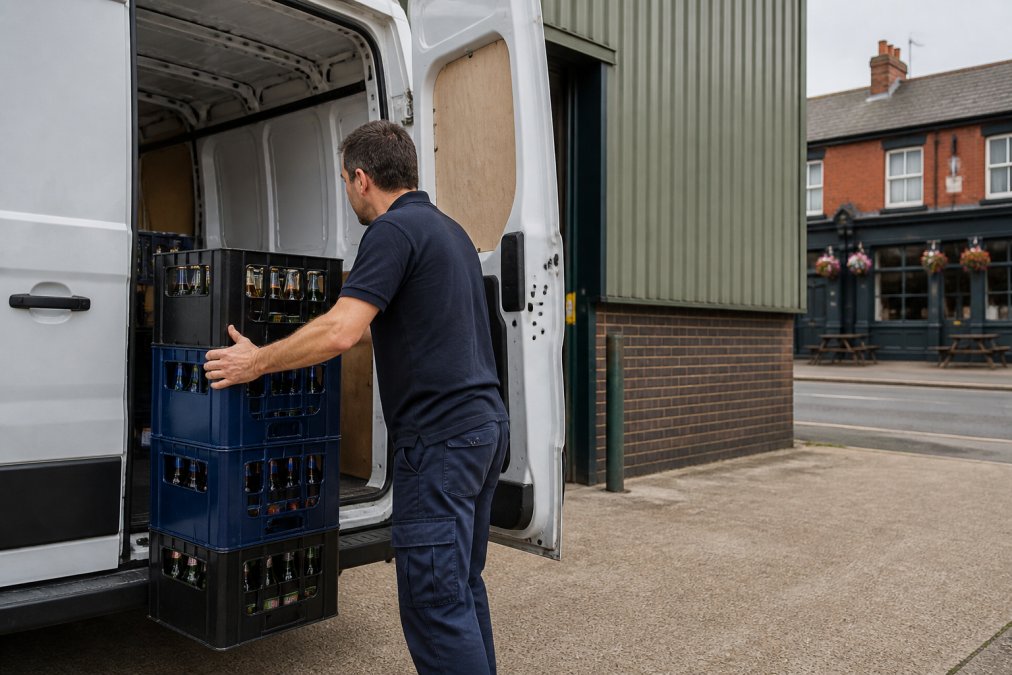 A delivery driver in a branded uniform loading crates of drinks into a white van outside a warehouse, with a pub visible in the background