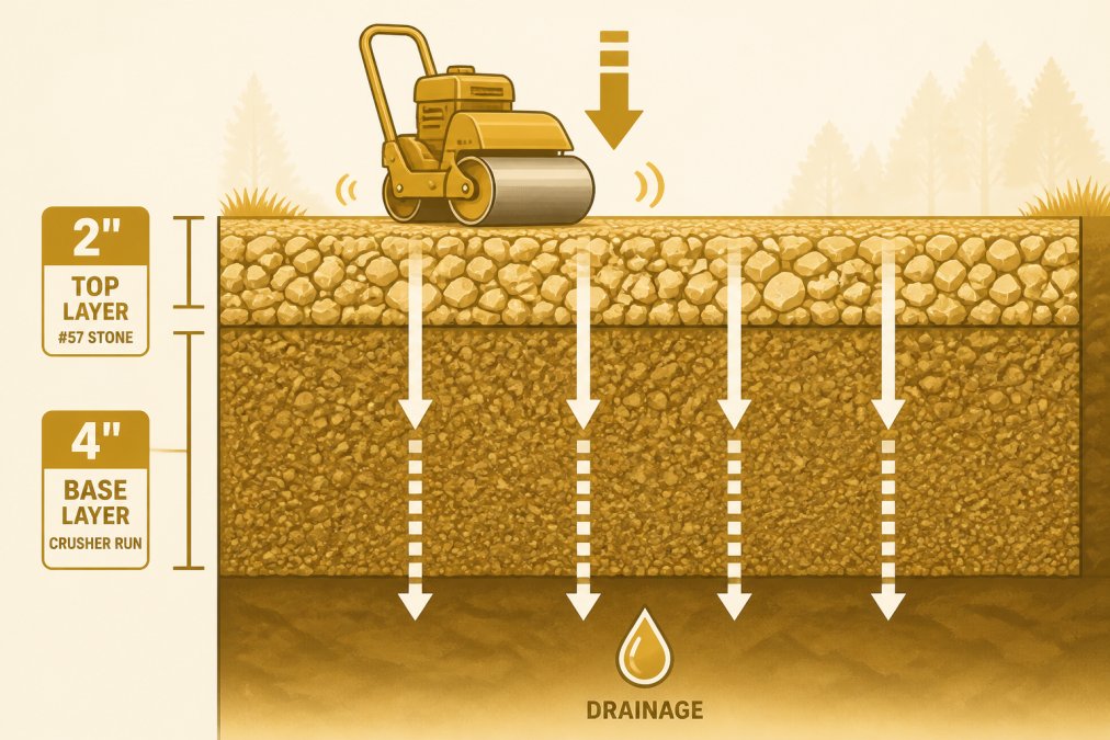 Cross-section diagram showing proper driveway layering: 4 inches of crusher run base layer compacted with vibratory roller, then 2 inches of #57 crushed stone top layer, with water drainage arrows flowing downward through both layers