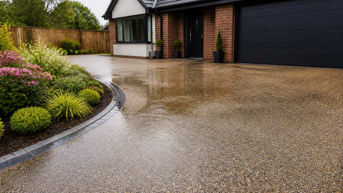A completed resin bound driveway outside a modern British home, water visibly draining through the surface after rainfall, with a landscaped garden border alongside