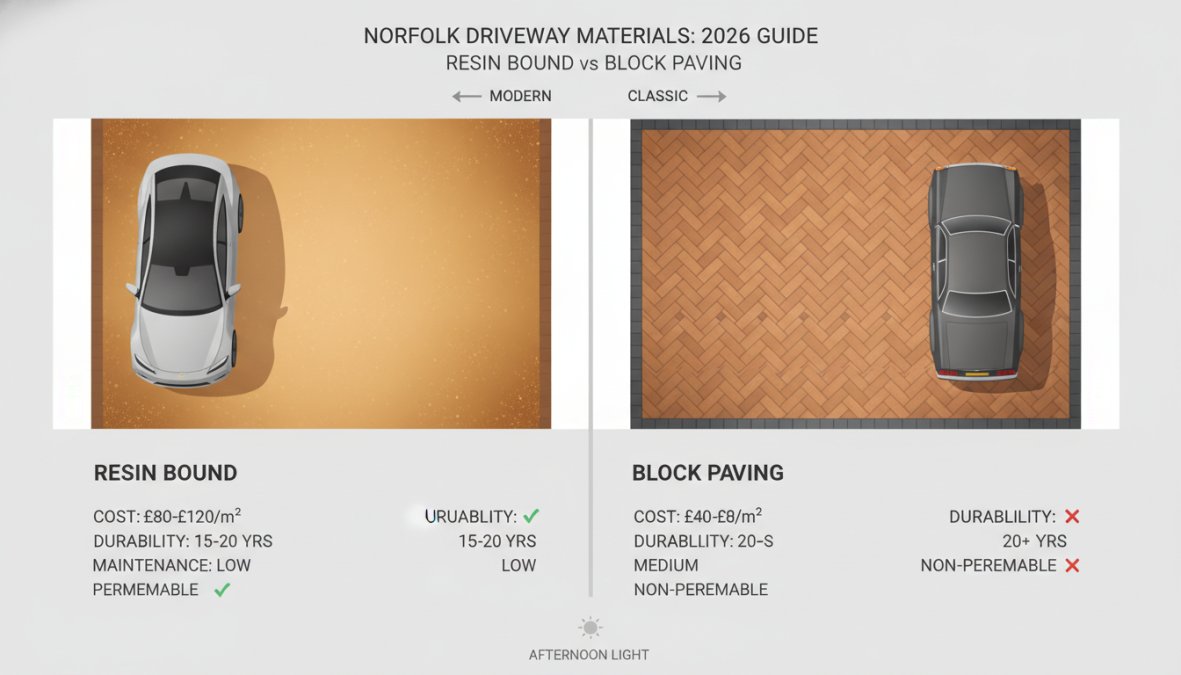 Two residential Norfolk driveways photographed side by side in afternoon light, the left showing a smooth honey-coloured resin bound surface with seamless finish, the right showing a herringbone-pattern clay block paving driveway with defined joints and a warm red-brown tone