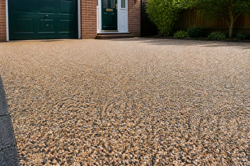 Newly installed resin-bound driveway showing smooth finished surface with natural stone aggregate in rich colour variations, photographed in natural daylight