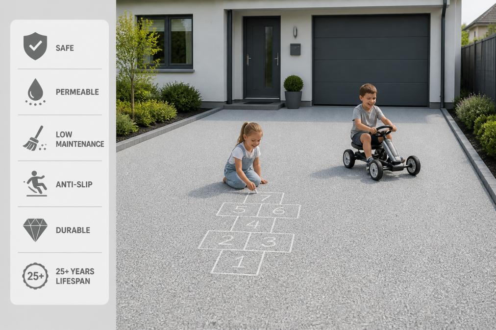 Family with young children playing safely on a newly installed smooth resin bound driveway in natural daylight, showing the even surface and clean appearance