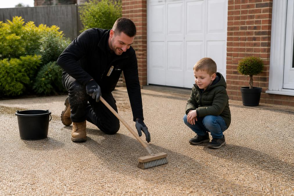Parent using soft-bristle brush to gently clean a driveway surface whilst a child watches, demonstrating routine maintenance in daylight