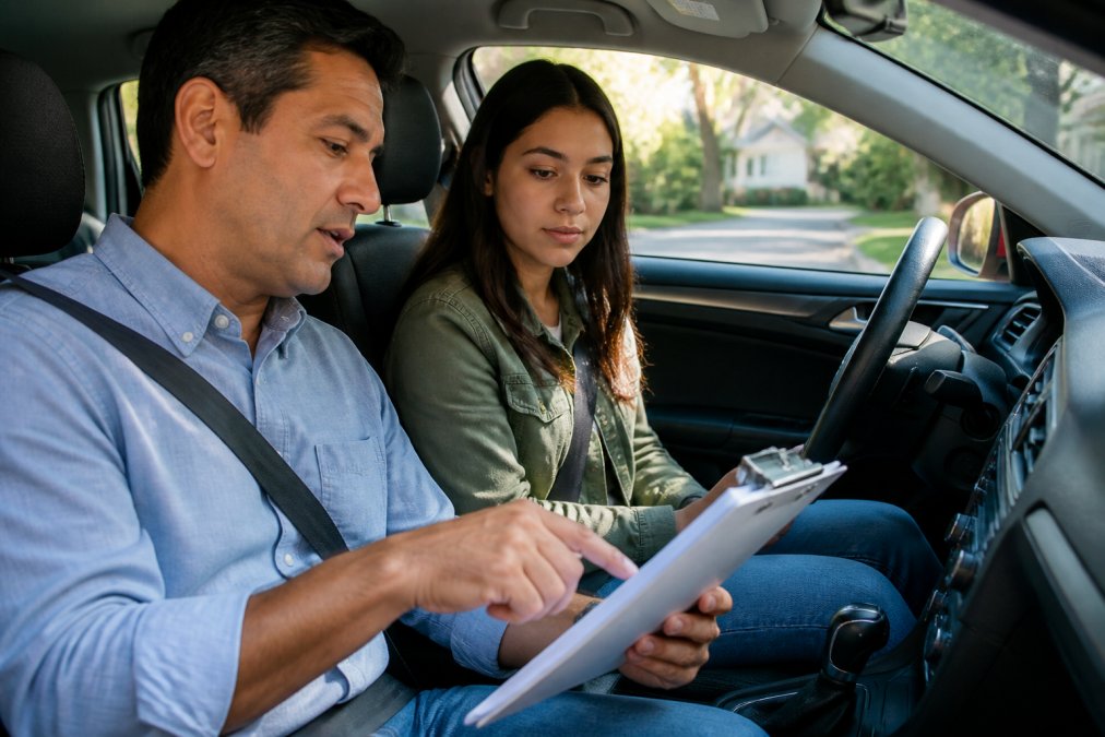A driving instructor in the passenger seat reviewing a checklist with a young adult driver in a parked car on a sunny residential street