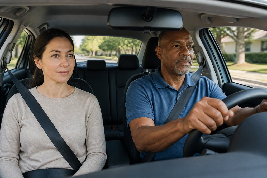 A calm adult student sitting in the passenger seat of a dual-control car with a patient driving instructor beside them, both looking forward through the windshield on a quiet suburban road in afternoon light