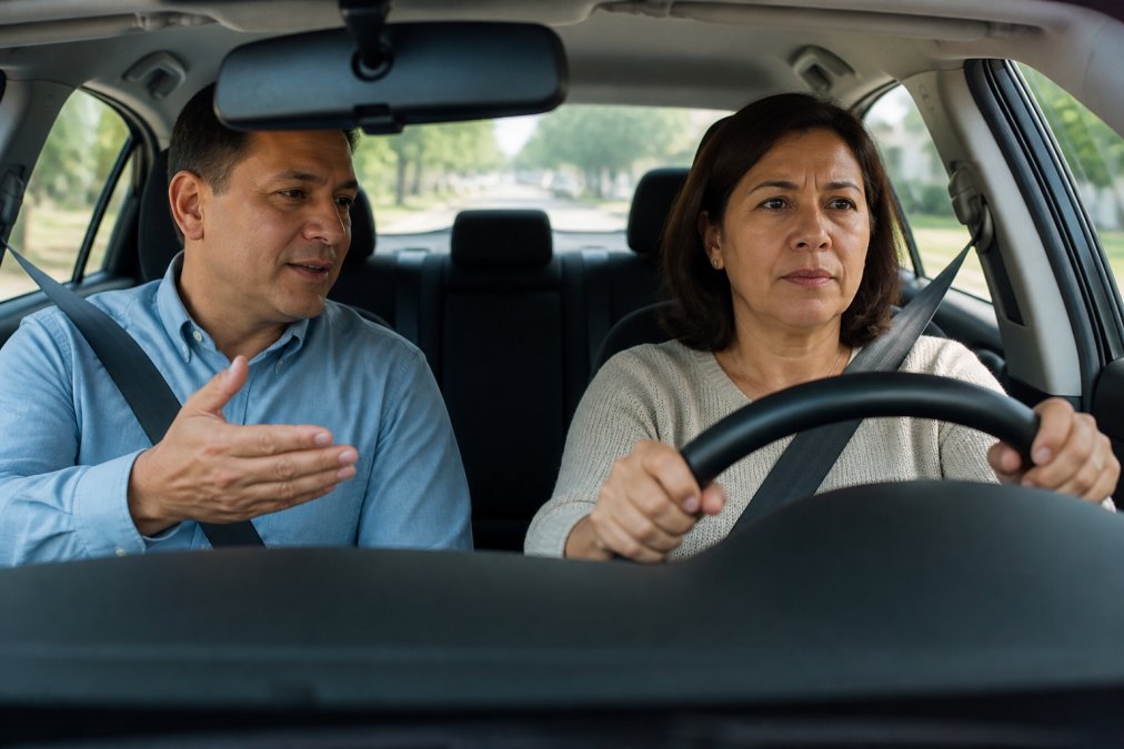 A calm, patient driving instructor sitting in the passenger seat of a sedan, speaking reassuringly to an adult student driver who has both hands on the steering wheel, with a quiet suburban street visible through the windshield