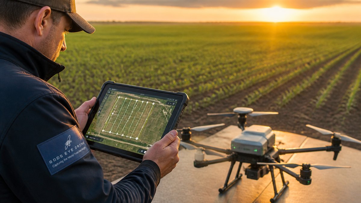 Drone pilot reviewing flight waypoints on a tablet for precision agriculture mapping in a field at sunrise