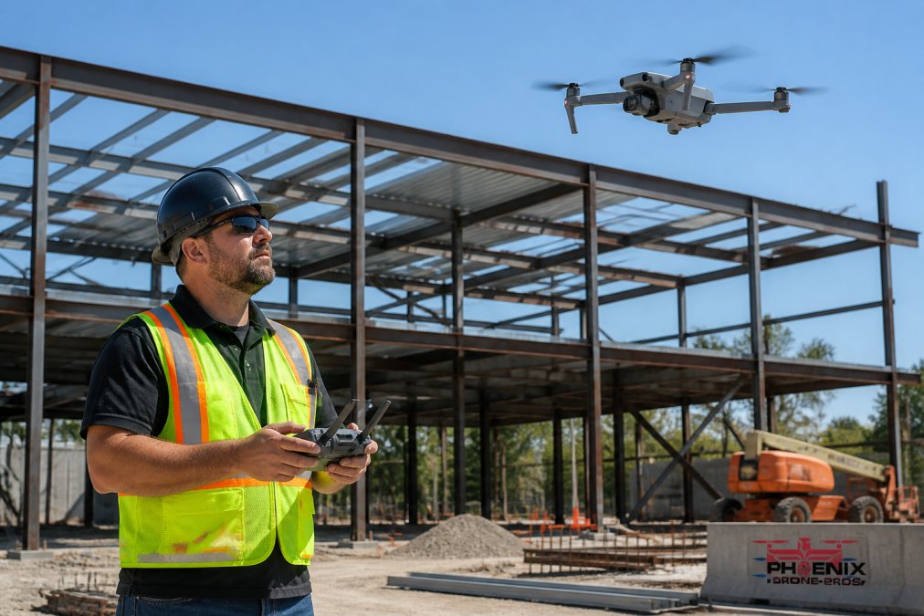 A construction project manager holding a compact drone controller on an active building site, with a small quadcopter hovering overhead and steel framing in the background