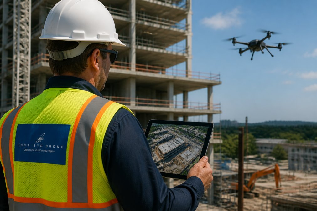 A construction project manager in a hard hat and safety vest holding a tablet, reviewing aerial site data on a screen while standing on a jobsite with a drone hovering in the background