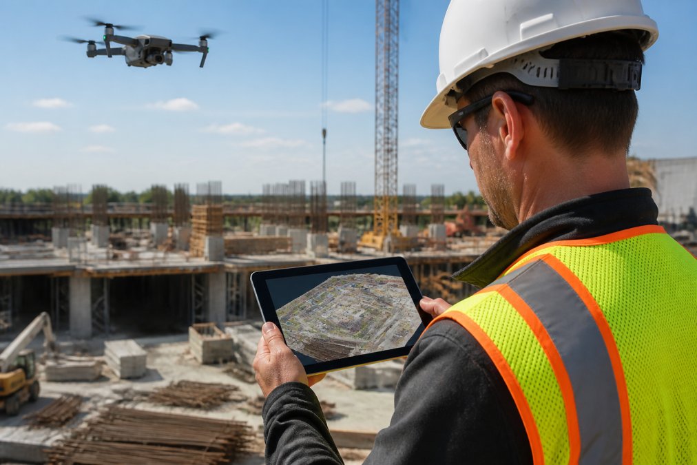 Construction manager using drone mapping software to review a 3D site model on a tablet at a job site