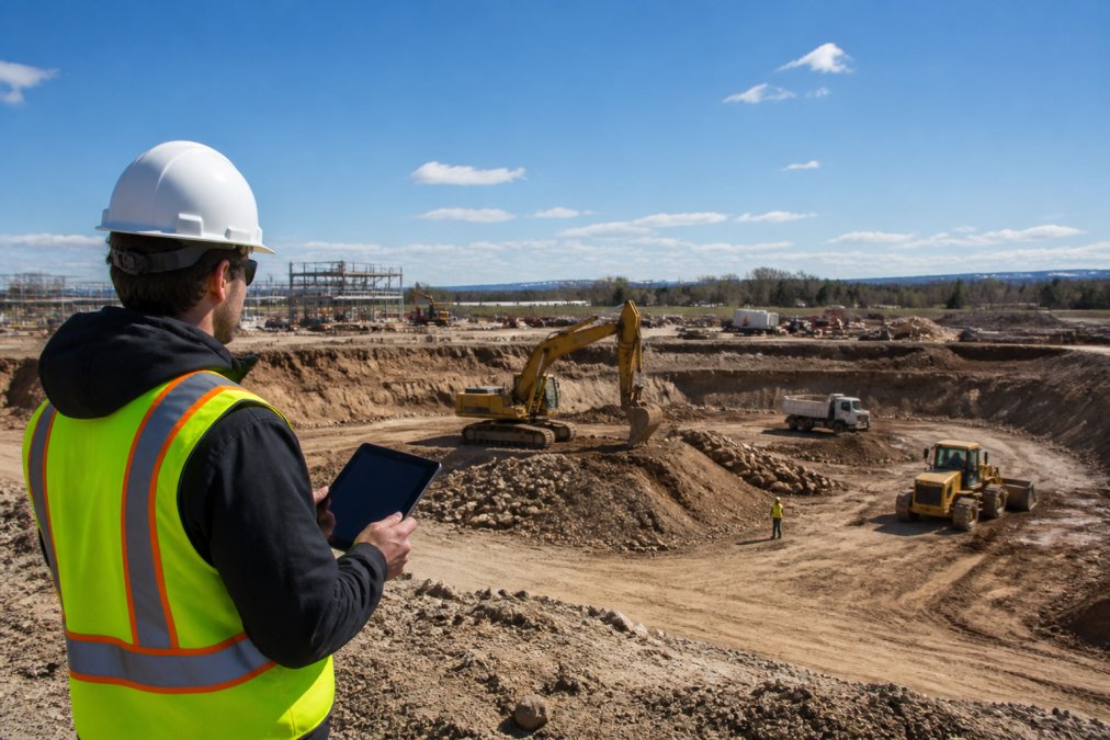 Drone operator conducting flight planning at construction site with tablet in hand, overlooking active excavation and earthwork in progress with clear blue sky