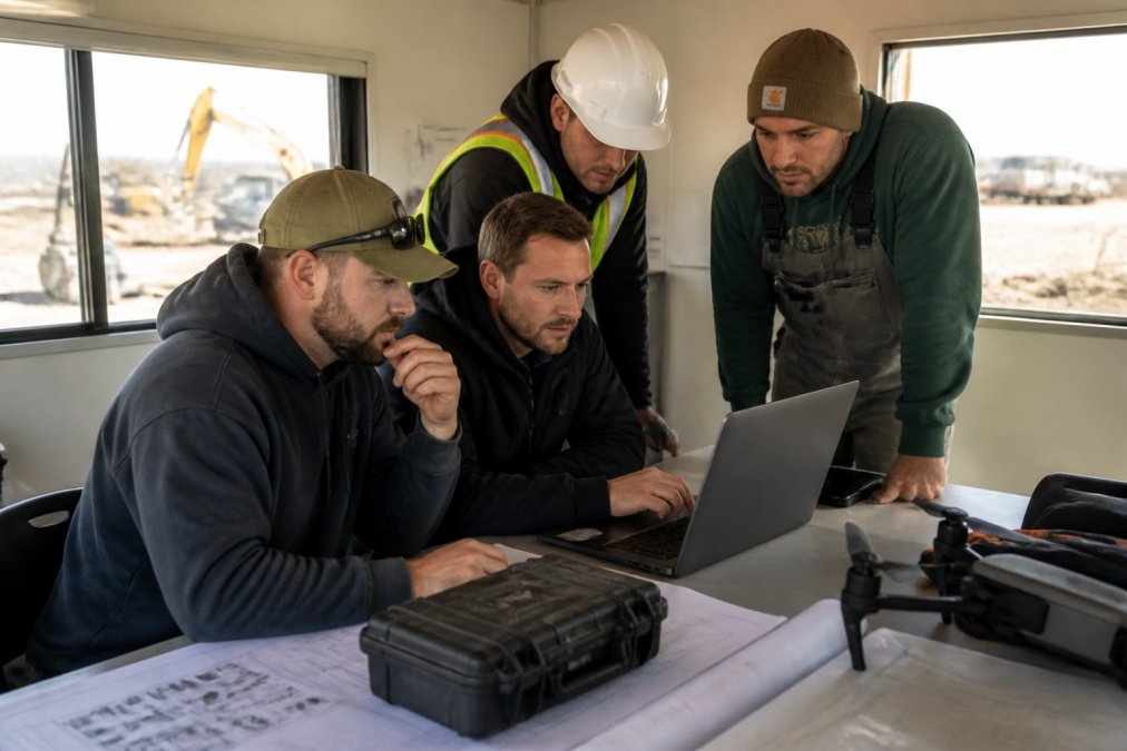 Construction project manager reviewing aerial drone footage on laptop with team members in site office trailer, natural lighting through windows
