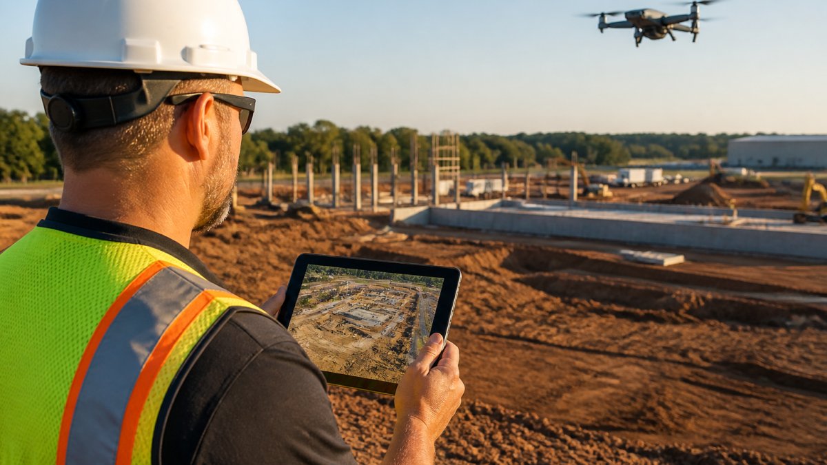 A construction project manager in a hard hat and safety vest standing on a dirt site, looking at a tablet showing an aerial view of the site while a drone hovers in the background, late afternoon light