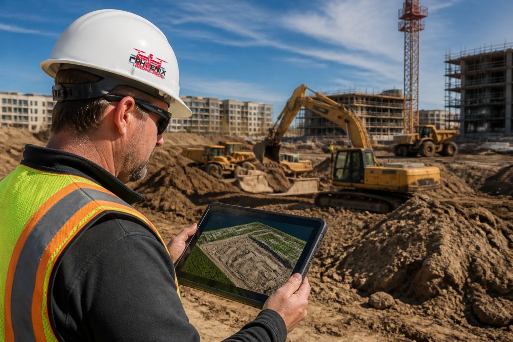 A construction project manager in a hard hat reviewing a detailed 3D aerial site map on a rugged outdoor tablet, standing at the edge of an active construction site with heavy excavation equipment operating in the background