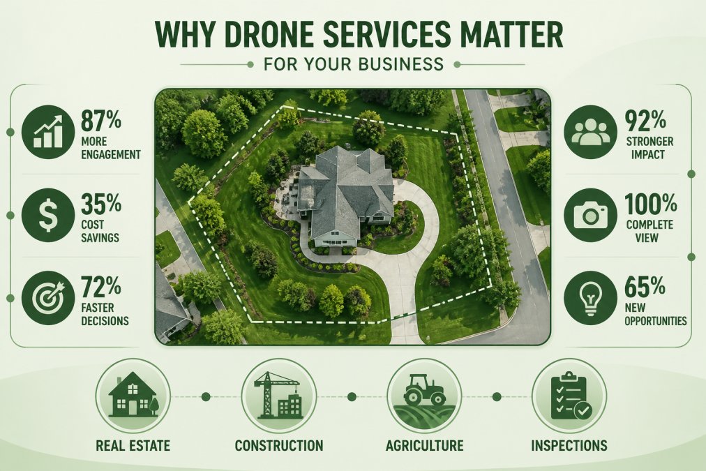 Aerial drone shot of a residential property with manicured landscaping and driveway visible from above, showing the complete property layout and surrounding neighborhood context in natural daylight
