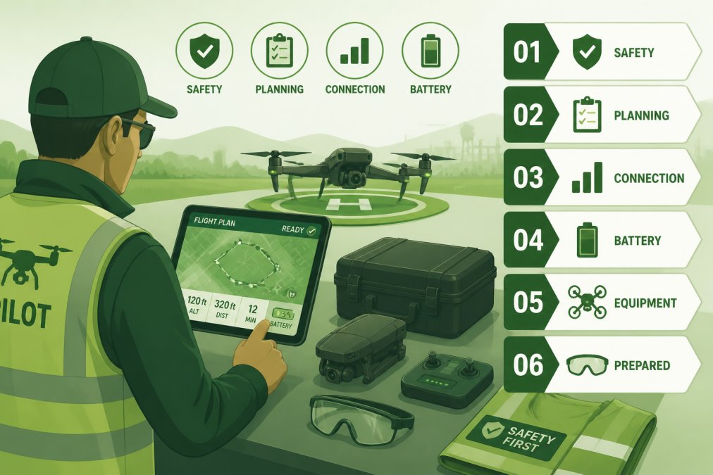Professional drone pilot checking flight plan on tablet with drone equipment and safety gear visible on table before takeoff, showing modern drone technology in preparation