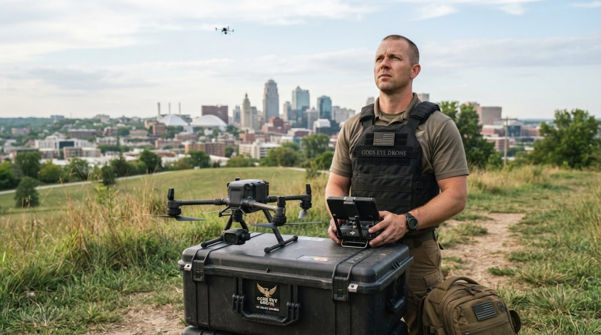 Professional drone pilot conducting aerial photography mission over Kansas City landscape, holding remote controller with drone visible in sky above residential property, natural daylight
