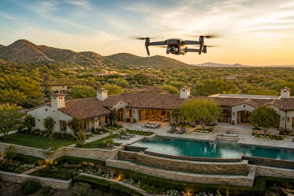 Professional drone hovering above sprawling luxury estate with manicured grounds, infinity pool, and architectural details visible below during golden hour lighting